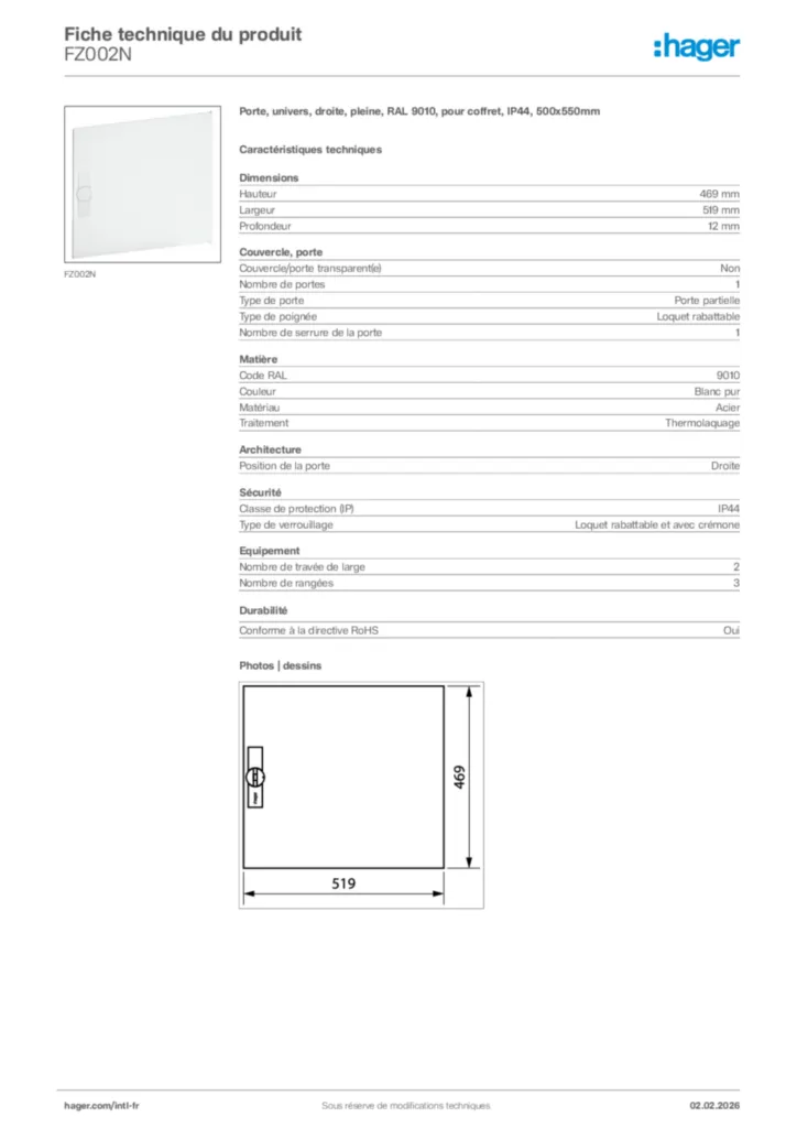 Image Hager Fiche technique du produit FZ002N | Hager Afrique