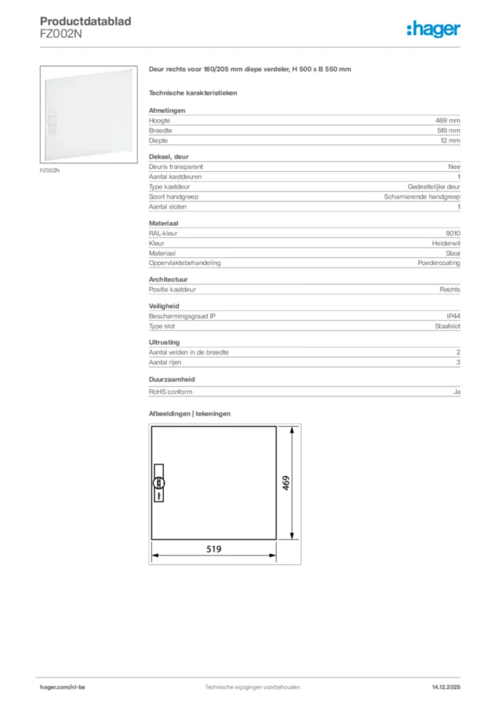 Afbeelding Hager Productdatablad FZ002N | Hager Belgium