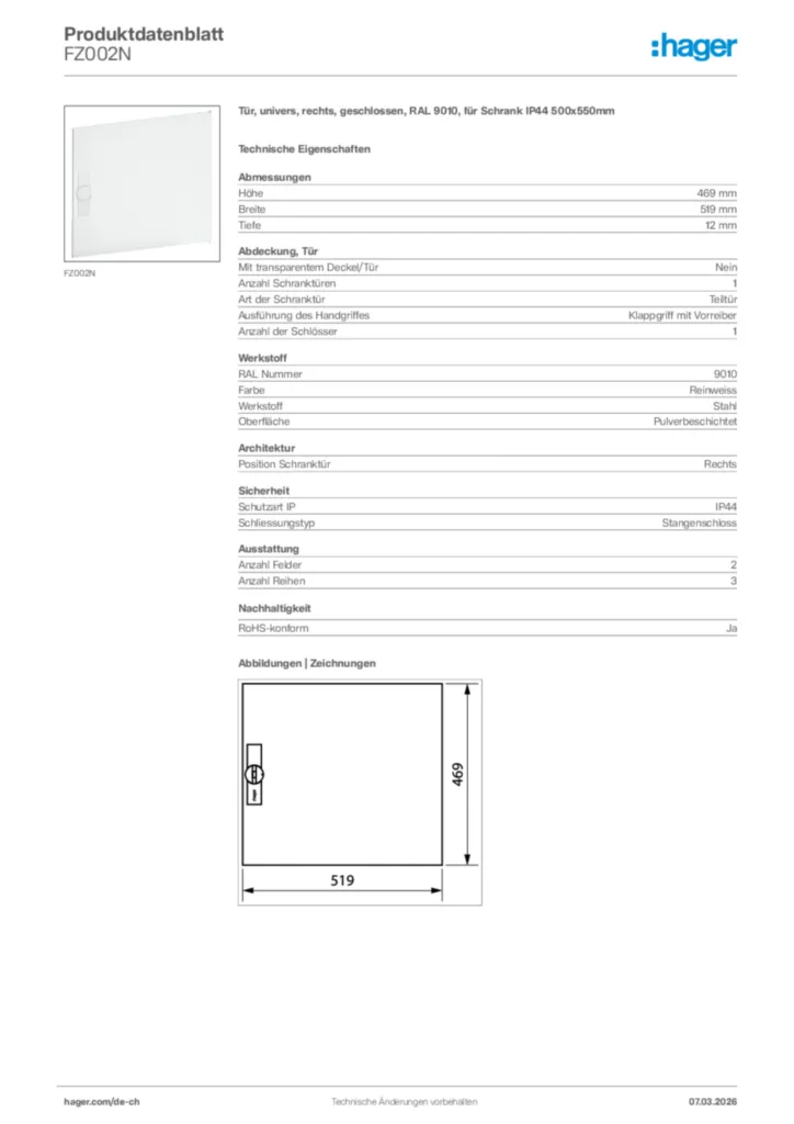 Bild Hager Produktdatenblatt FZ002N | Hager Schweiz
