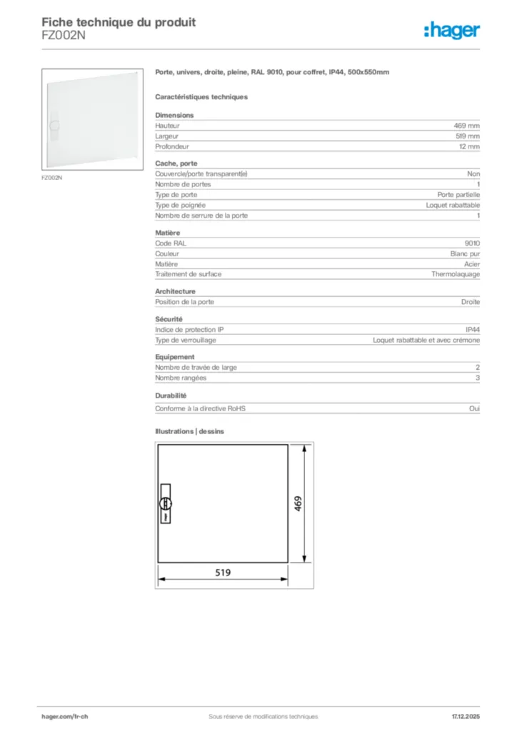 Image Hager Fiche technique du produit FZ002N | Hager Suisse