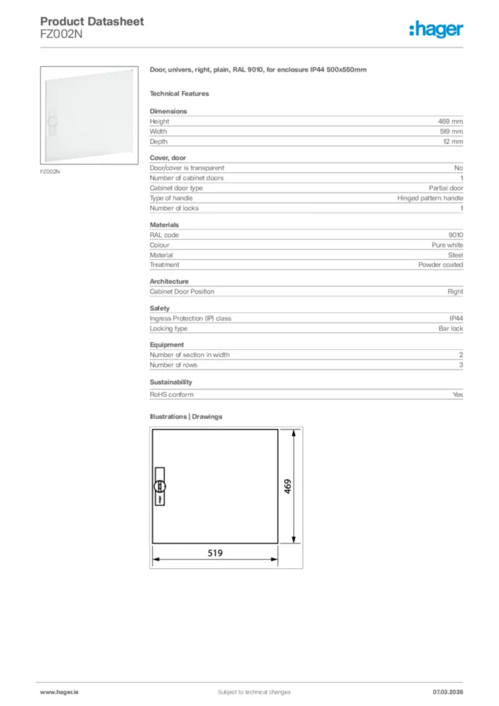 Image Hager Product data sheet FZ002N  | Hager