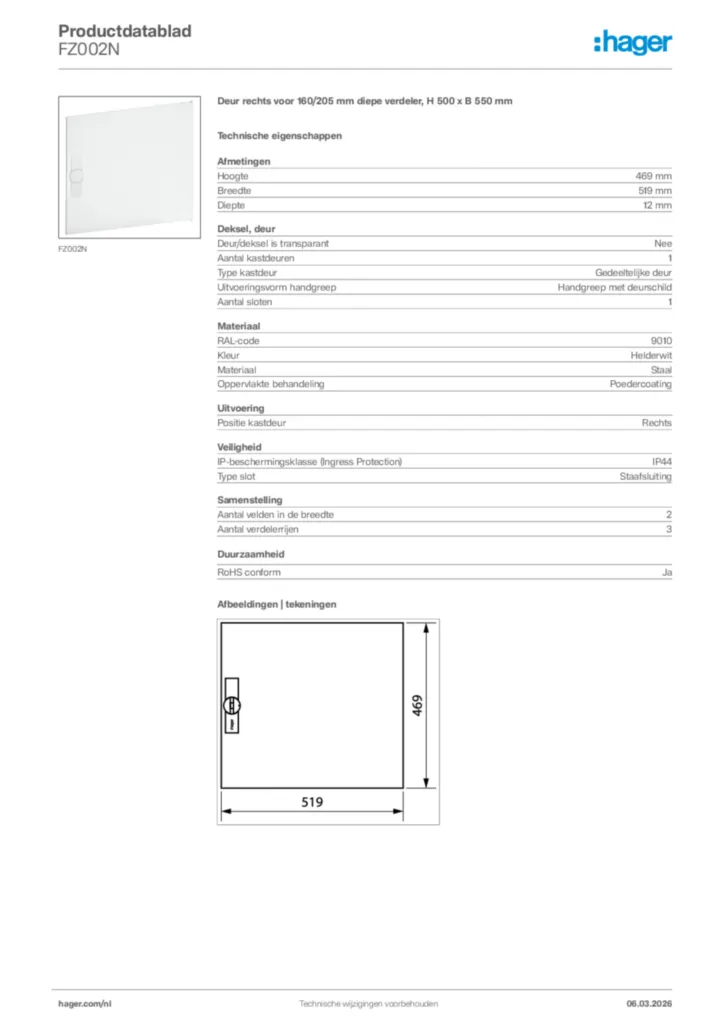 Afbeelding Hager Productdatablad FZ002N | Hager Nederland