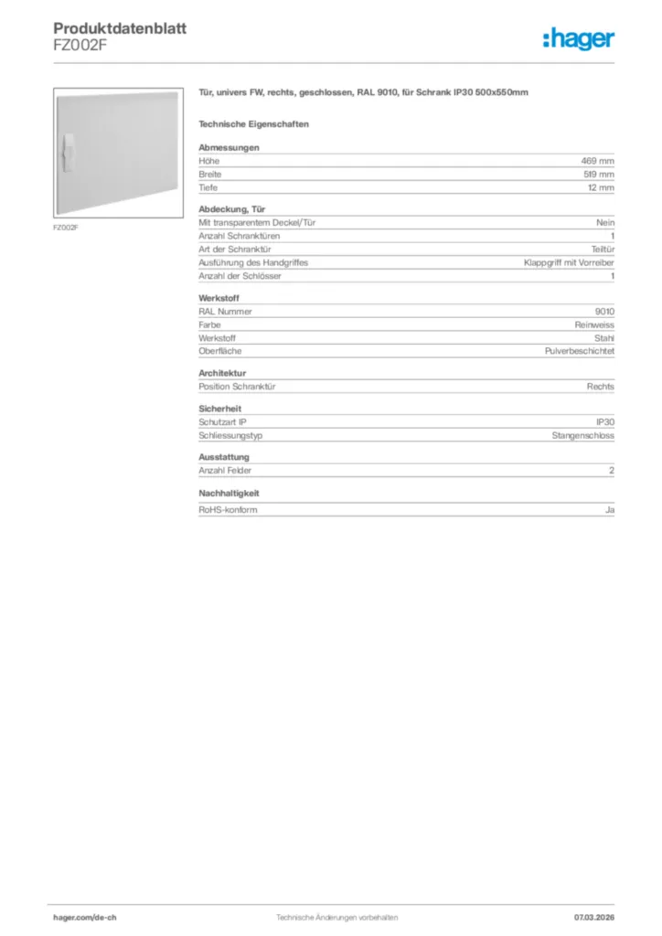 Bild Hager Produktdatenblatt FZ002F | Hager Schweiz