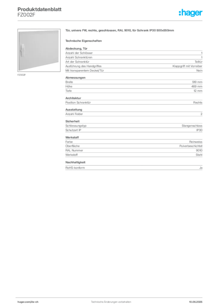 Bild Hager Produktdatenblatt FZ002F | Hager Schweiz