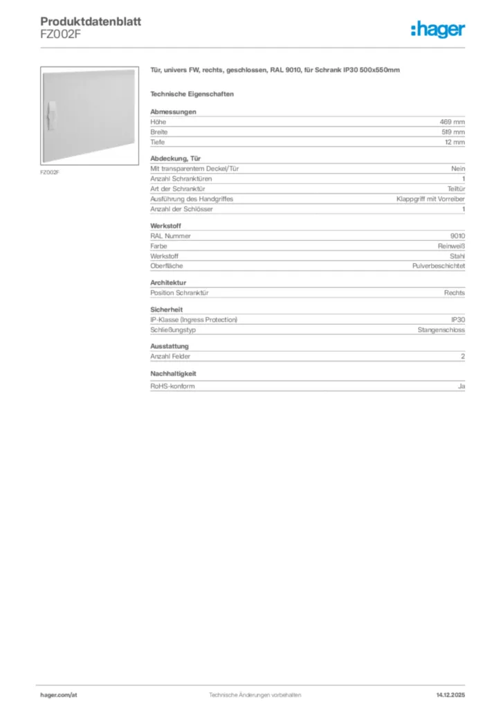 Bild Hager Produktdatenblatt FZ002F | Hager Deutschland