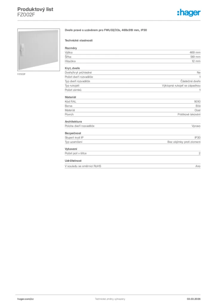 Obrázek Hager Product data sheet FZ002F | Hager