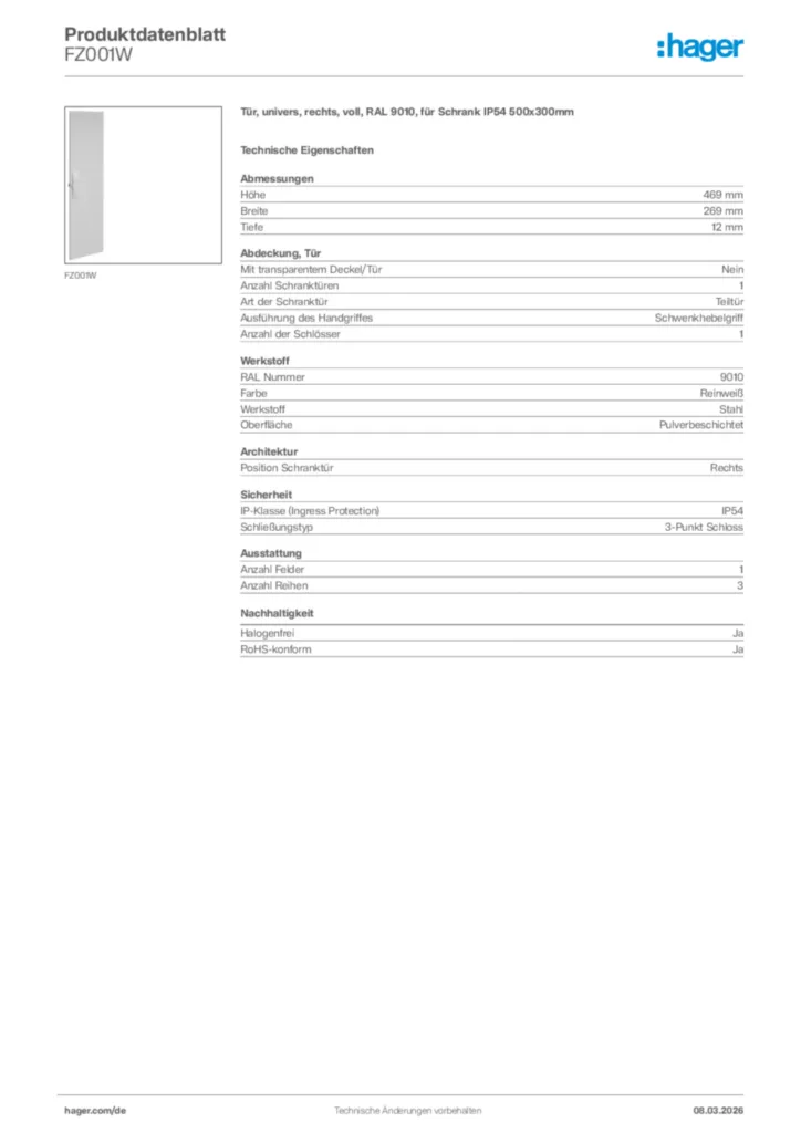 Bild Hager Produktdatenblatt FZ001W | Hager Deutschland