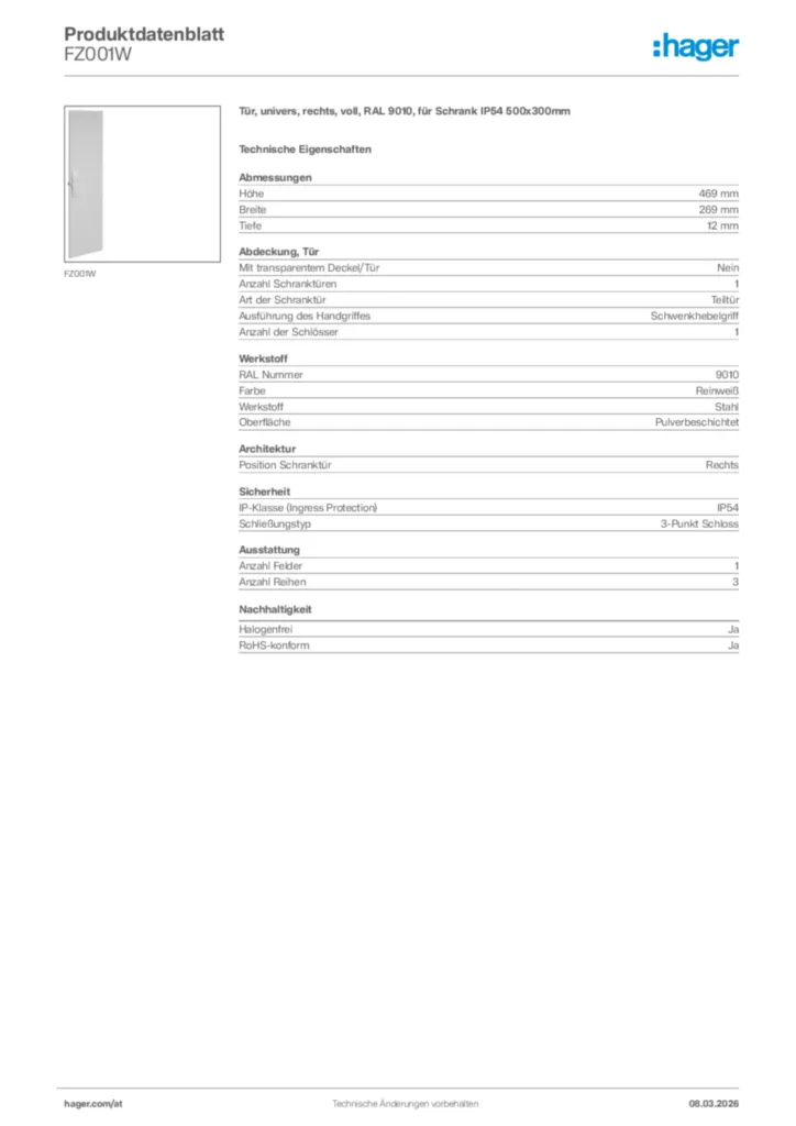 Bild Hager Produktdatenblatt FZ001W | Hager Deutschland