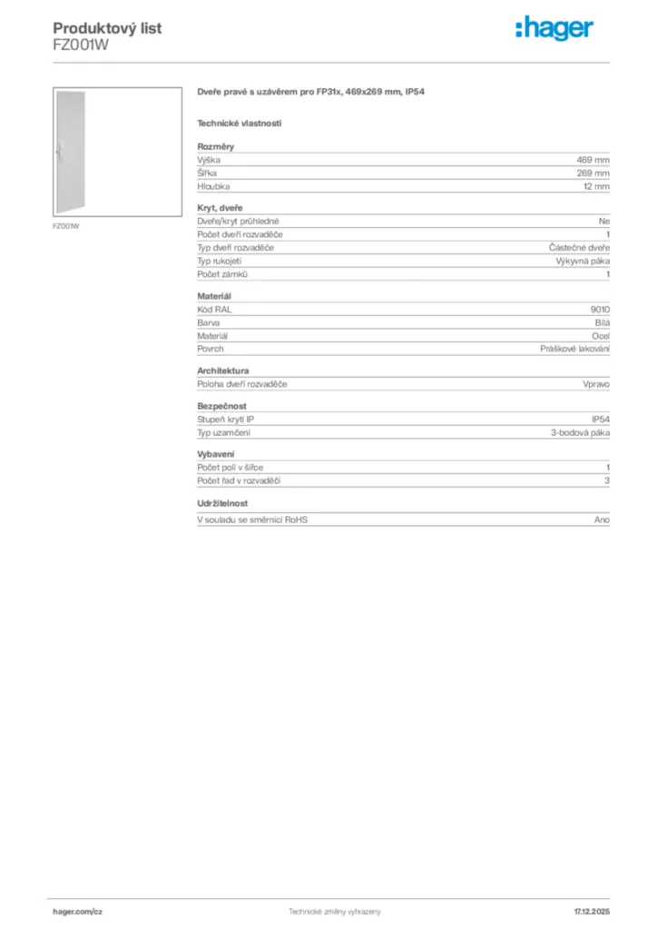Obrázek Hager Produktový list FZ001W | Hager
