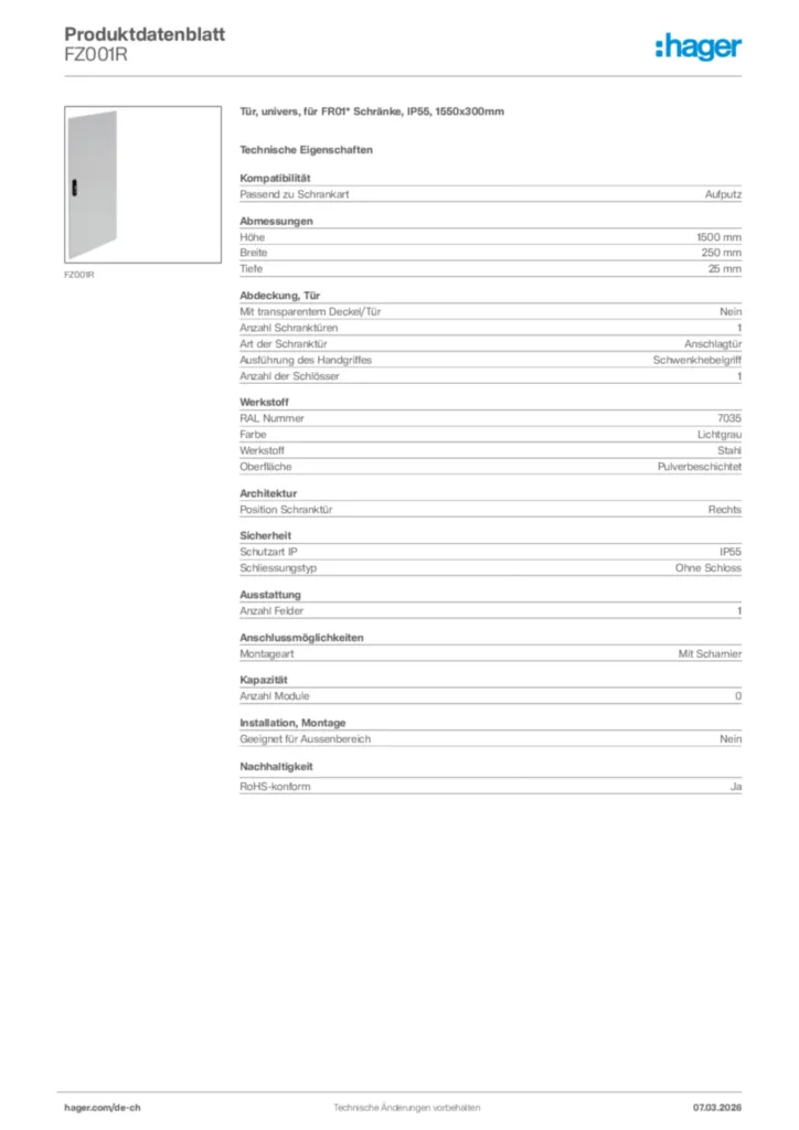 Bild Hager Produktdatenblatt FZ001R | Hager Schweiz