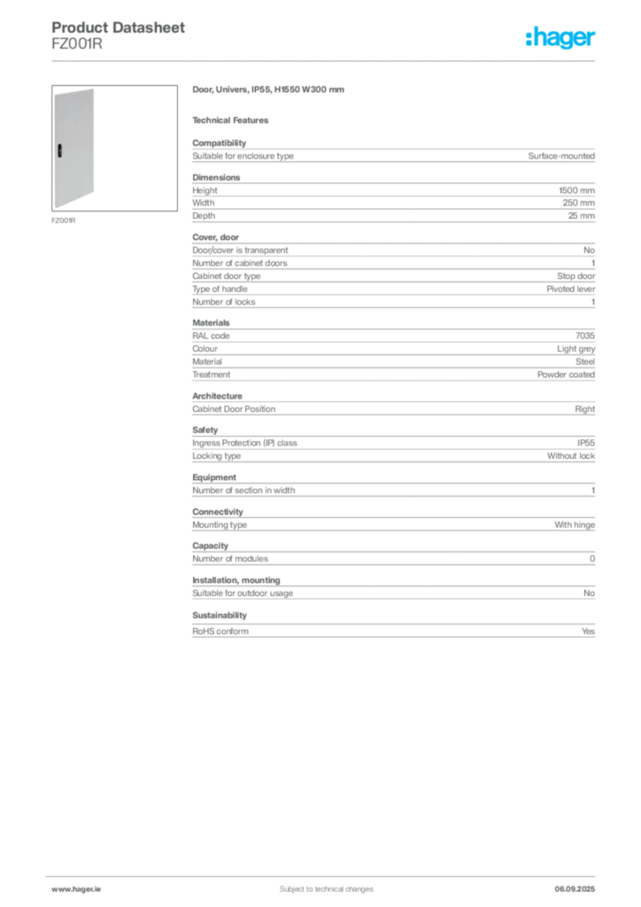 Image Hager Product data sheet FZ001R  | Hager