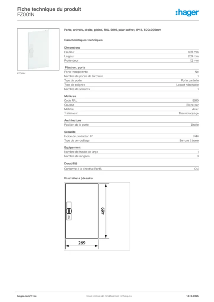 Image Hager Fiche technique du produit FZ001N | Hager Belgique