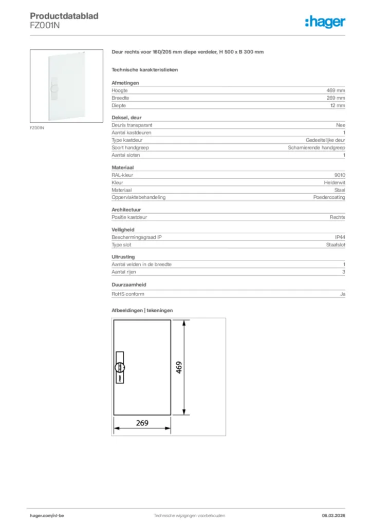 Afbeelding Hager Productdatablad FZ001N | Hager Belgium