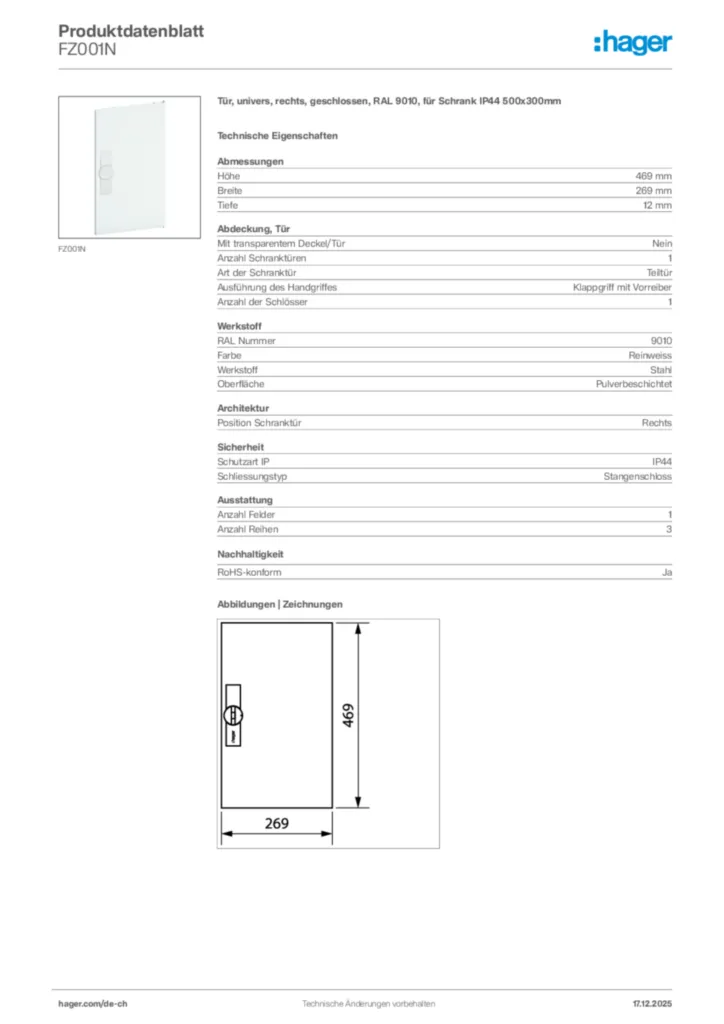 Bild Hager Produktdatenblatt FZ001N | Hager Schweiz
