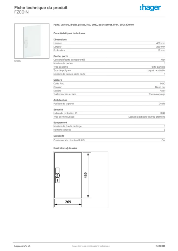 Image Hager Fiche technique du produit FZ001N | Hager Suisse