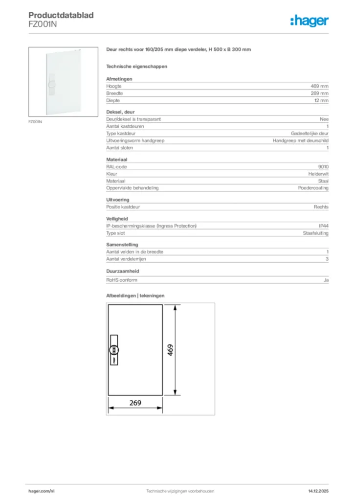 Afbeelding Hager Productdatablad FZ001N | Hager Nederland