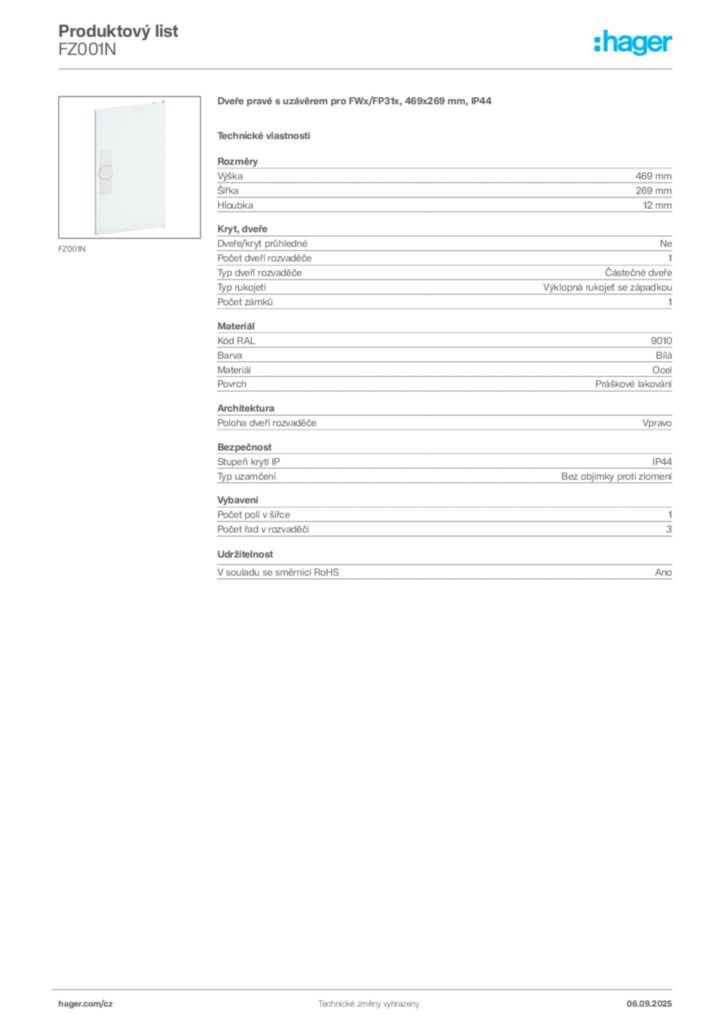 Obrázek Hager Produktový list FZ001N | Hager
