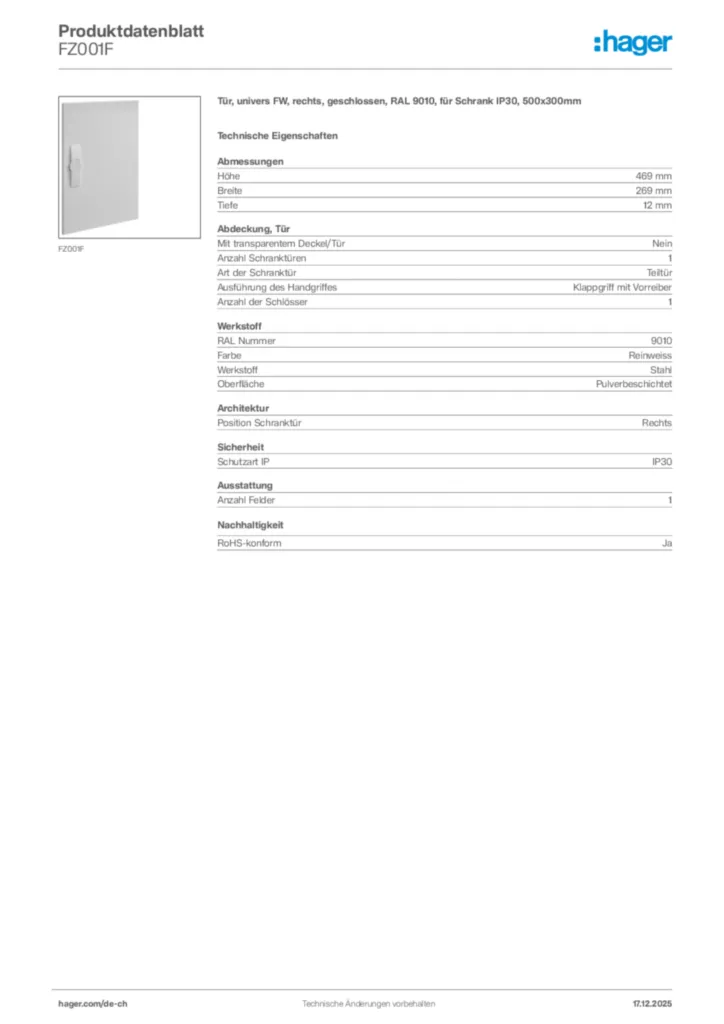 Bild Hager Produktdatenblatt FZ001F | Hager Schweiz