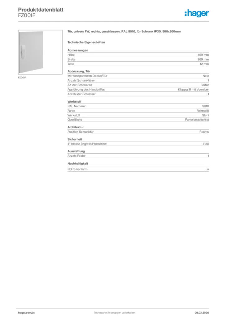 Bild Hager Produktdatenblatt FZ001F | Hager Deutschland