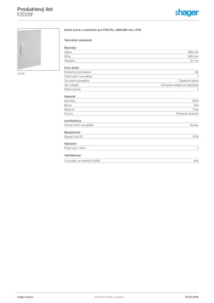 Obrázek Hager Product data sheet FZ001F | Hager