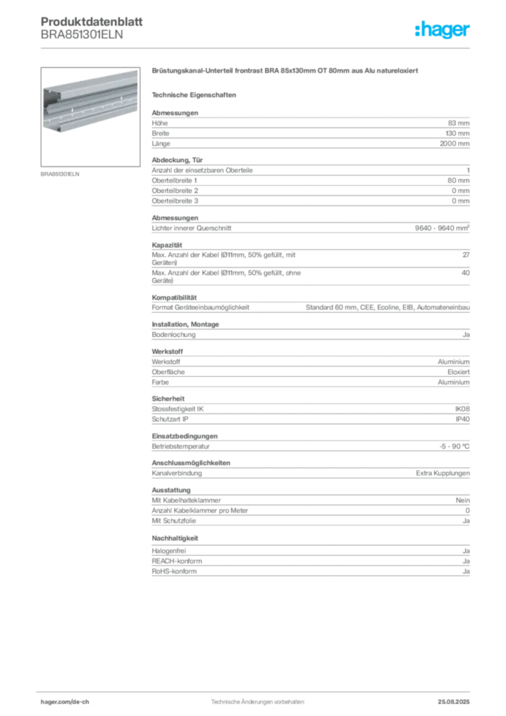 Bild Hager Produktdatenblatt BRA851301ELN | Hager Schweiz