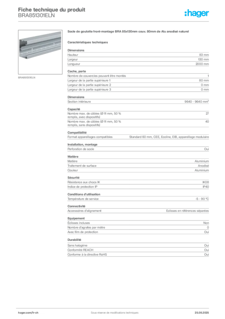 Image Hager Fiche technique du produit BRA851301ELN | Hager Suisse