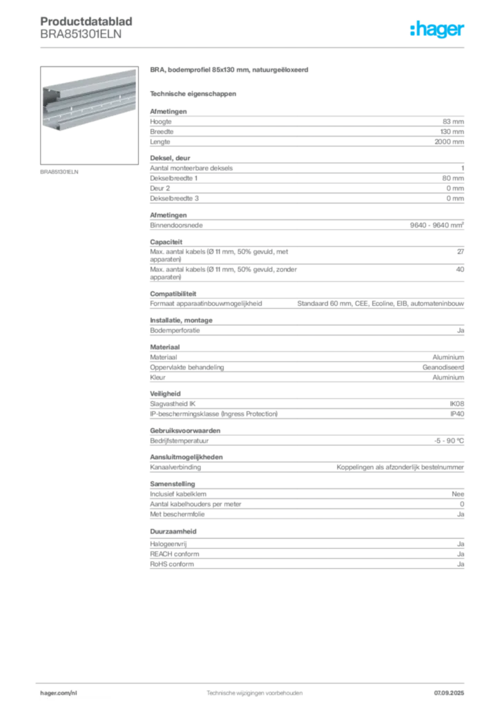 Afbeelding Hager Productdatablad BRA851301ELN | Hager Nederland