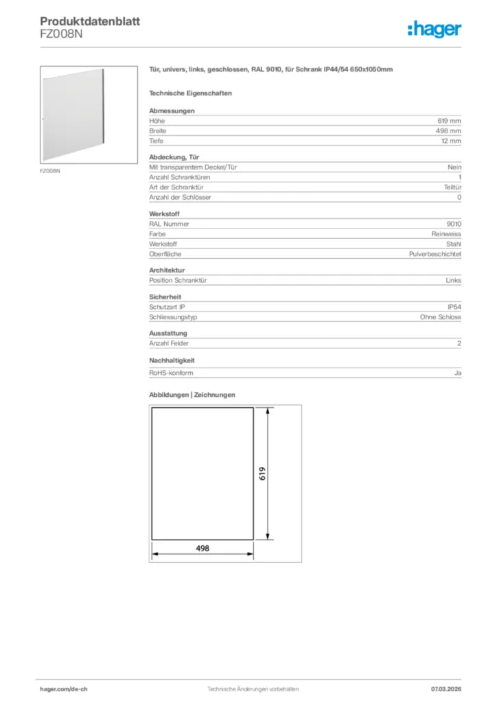 Bild Hager Produktdatenblatt FZ008N | Hager Schweiz