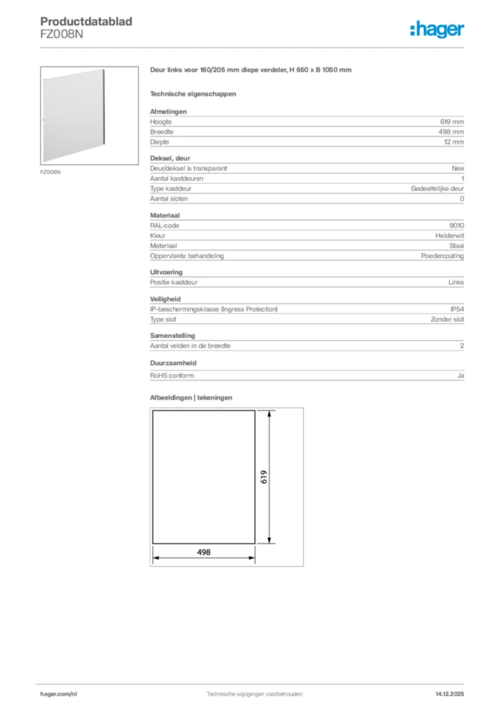 Afbeelding Hager Productdatablad FZ008N | Hager Nederland