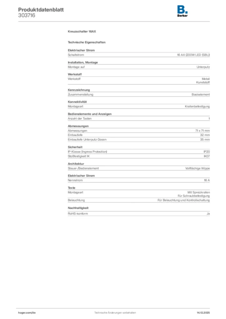 Bild Berker Produktdatenblatt 303716 | Hager Deutschland