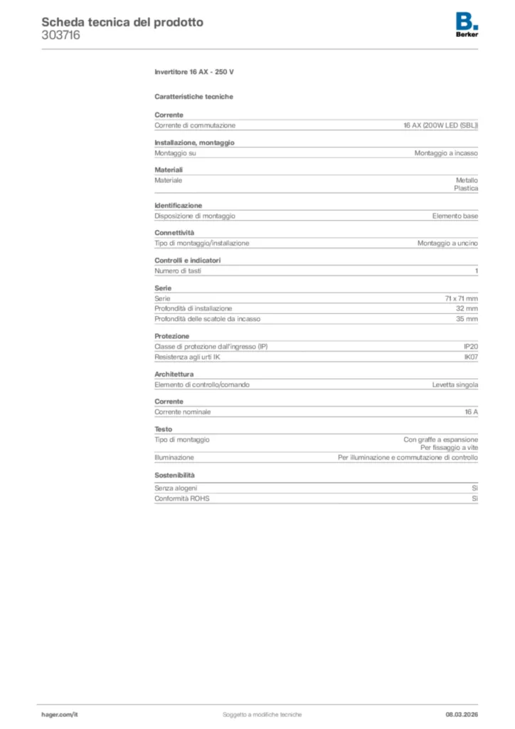Immagine Berker Scheda tecnica del prodotto 303716 | Hager Italia