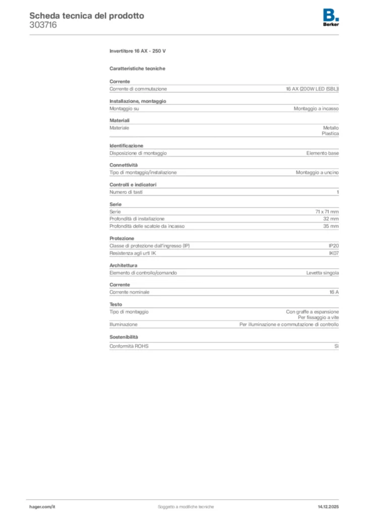 Immagine Berker Scheda tecnica del prodotto 303716 | Hager Italia