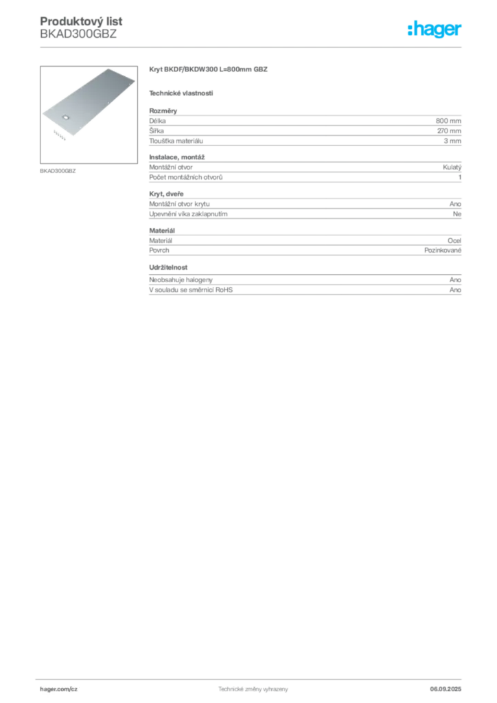 Obrázek Hager Produktový list BKAD300GBZ | Hager