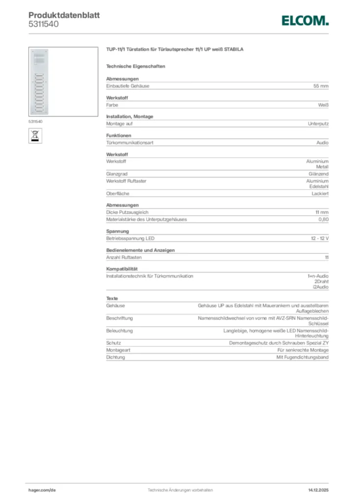Bild Elcom Produktdatenblatt 5311540 | Hager Deutschland