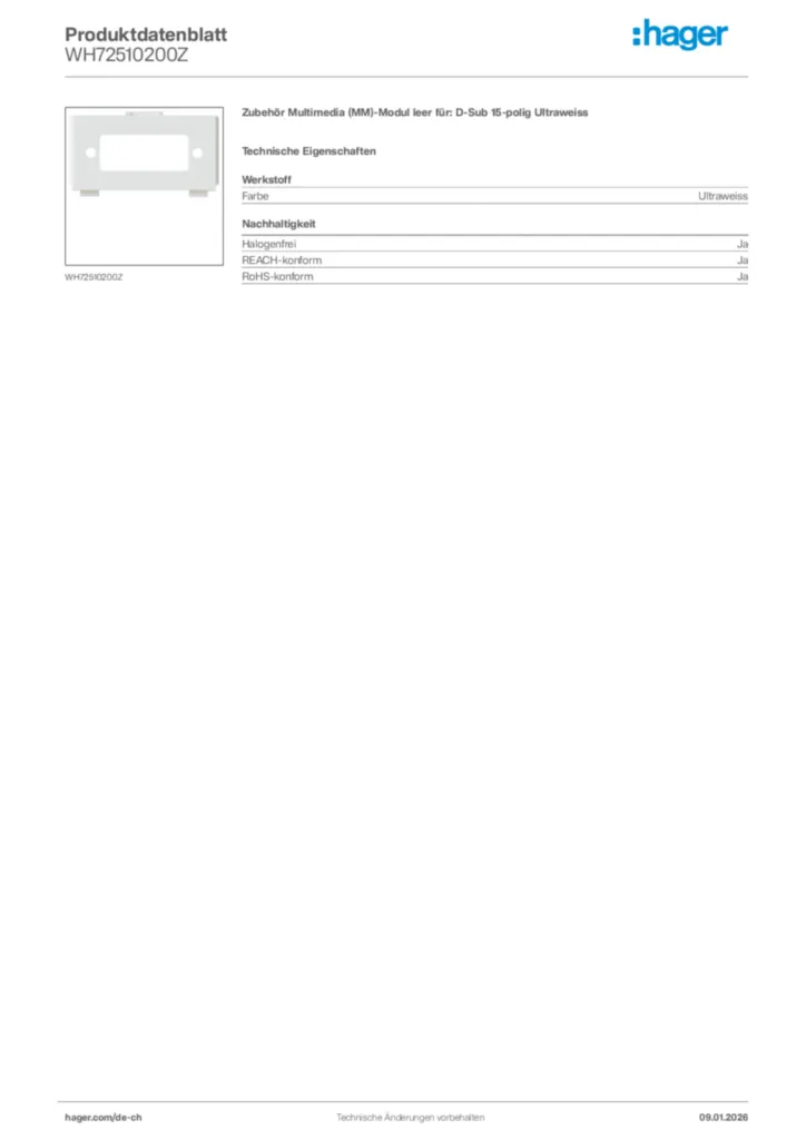 Bild Hager Produktdatenblatt WH72510200Z | Hager Schweiz