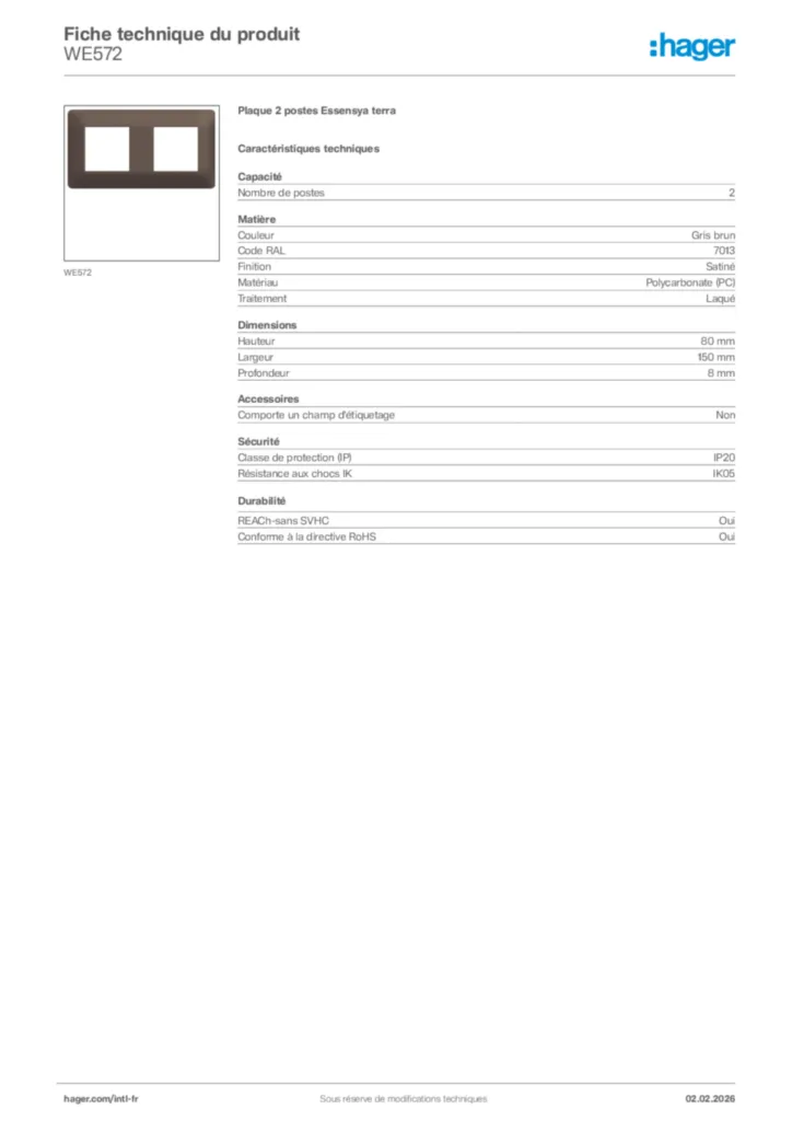 Image Hager Fiche technique du produit WE572 | Hager Afrique