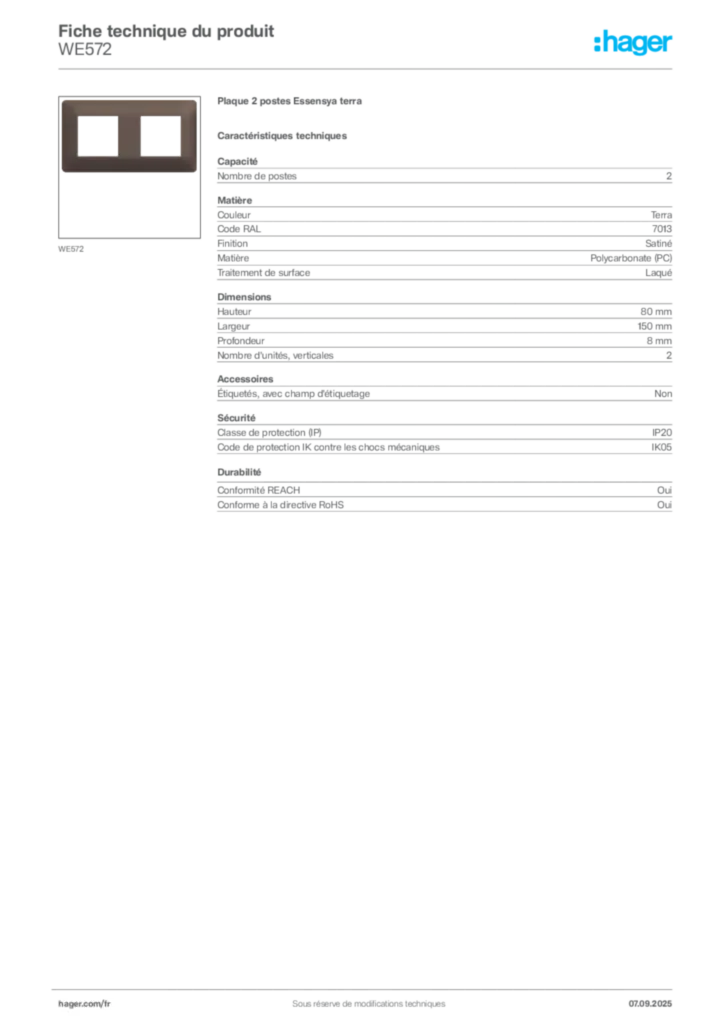 Image Hager Fiche technique du produit WE572 | Hager France