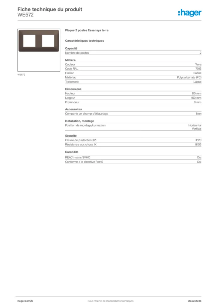 Image Hager Fiche technique du produit WE572 | Hager France