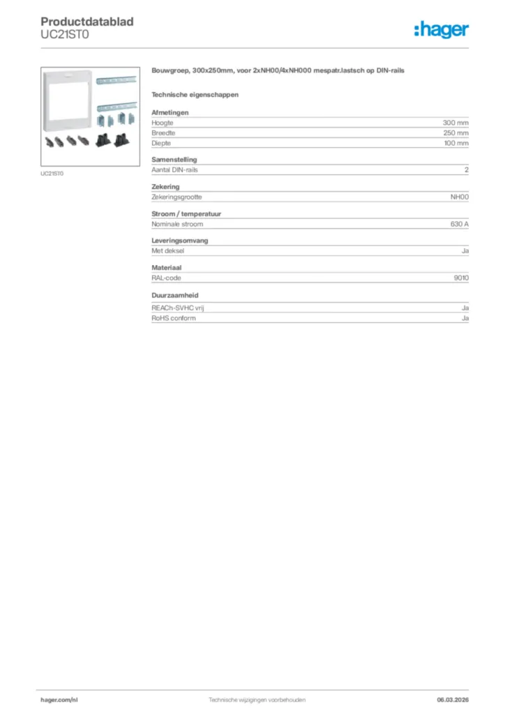 Afbeelding Hager Productdatablad UC21ST0 | Hager Nederland