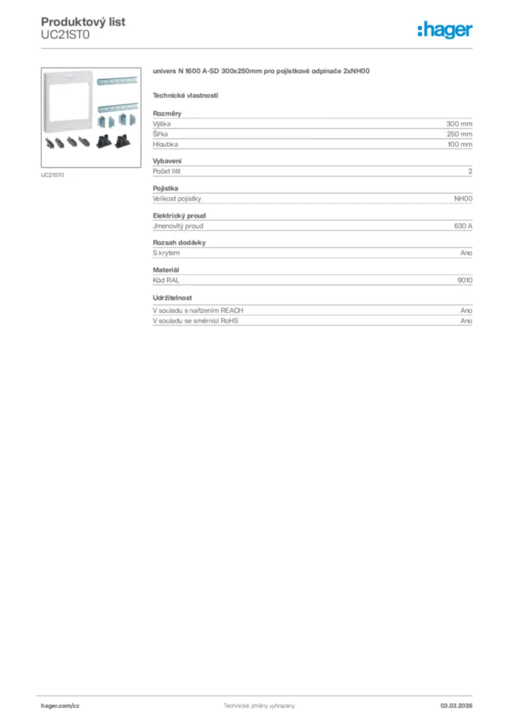 Obrázek Hager Product data sheet UC21ST0 | Hager