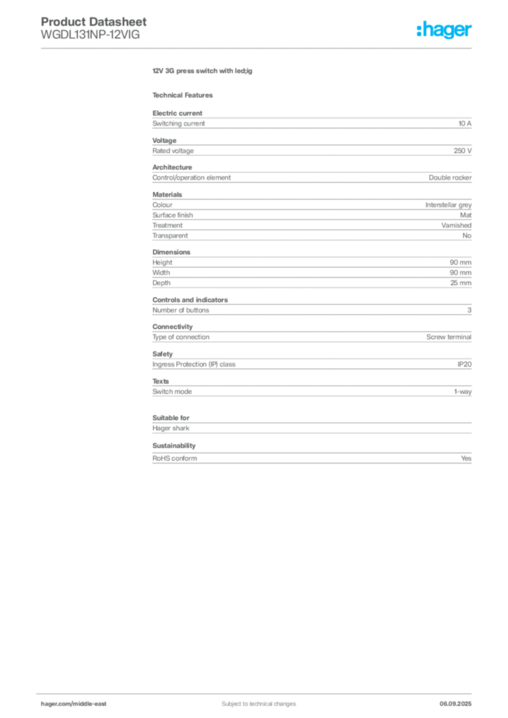 Image Hager Product data sheet WGDL131NP-12VIG  | Hager