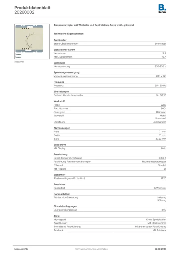 Bild Berker Produktdatenblatt 20260002 | Hager Deutschland