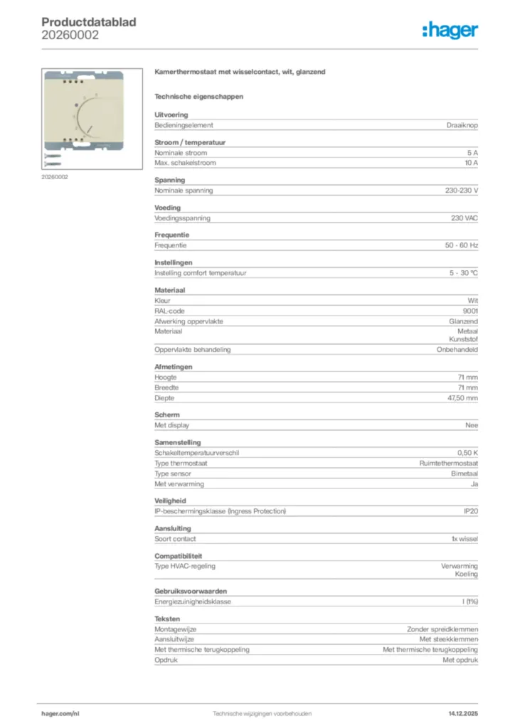 Afbeelding Hager Productdatablad 20260002 | Hager Nederland