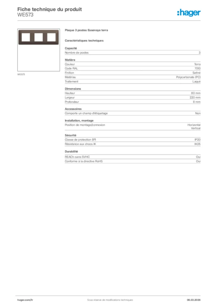 Image Hager Fiche technique du produit WE573 | Hager France