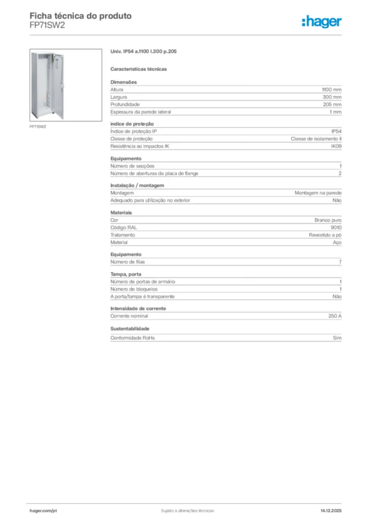 Imagem Hager Ficha técnica do produto FP71SW2 | Hager Portugal