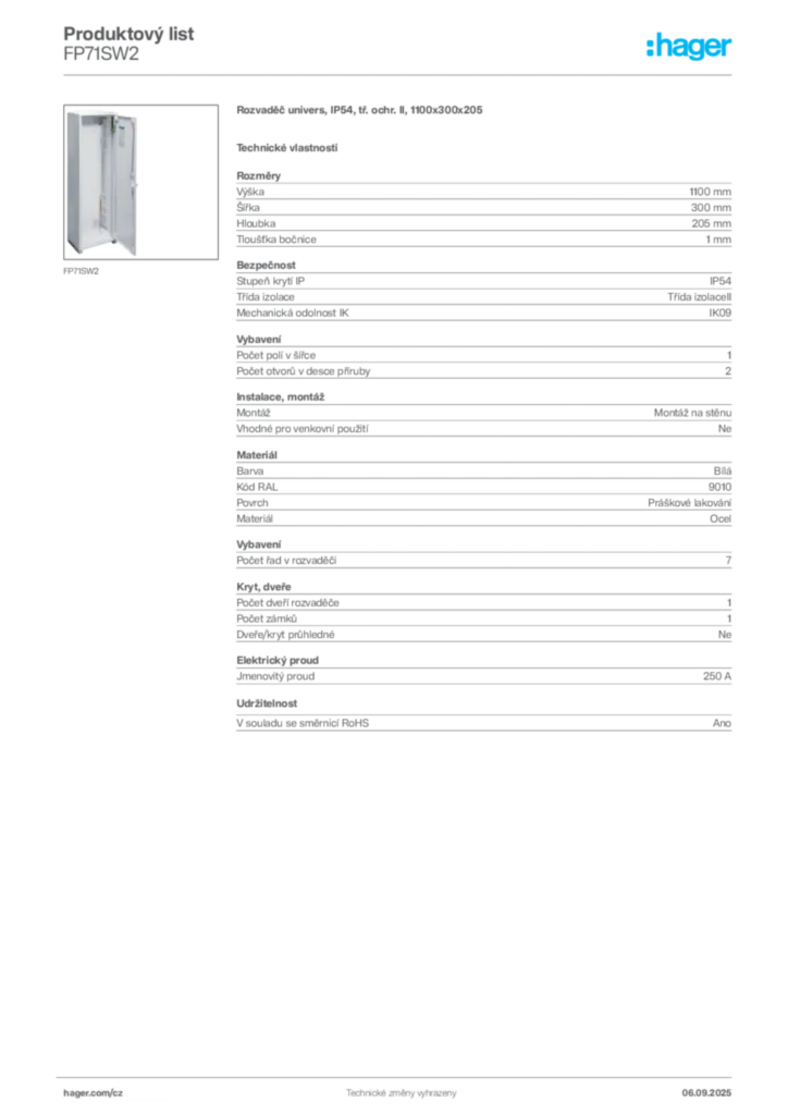 Obrázek Hager Produktový list FP71SW2 | Hager