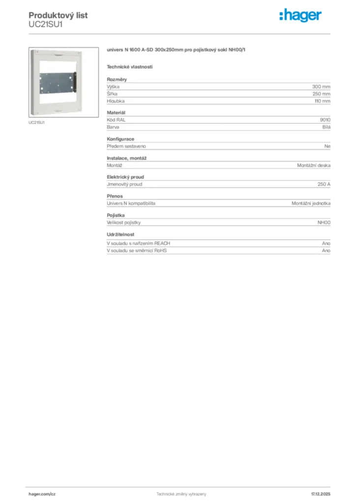 Obrázek Hager Produktový list UC21SU1 | Hager