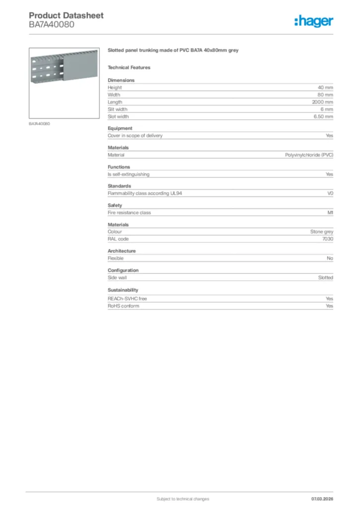 Image Hager Product data sheet BA7A40080  | Hager Africa