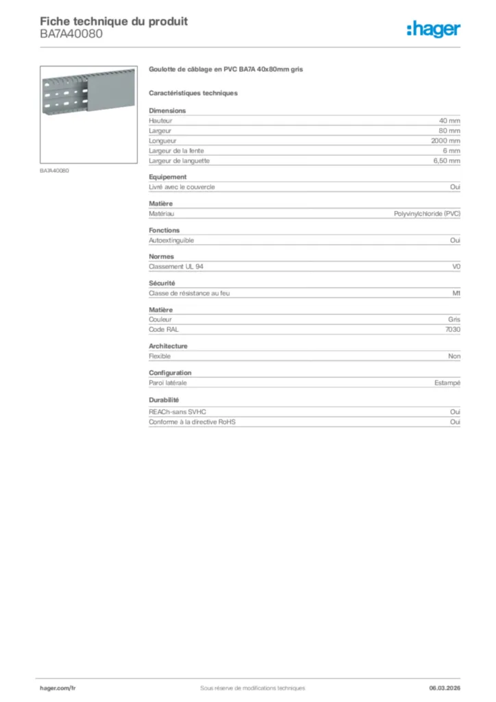 Image Hager Fiche technique du produit BA7A40080 | Hager France