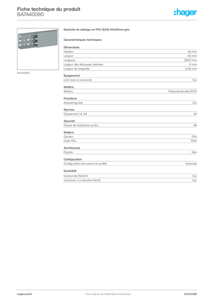 Image Hager Fiche technique du produit BA7A40080 | Hager France